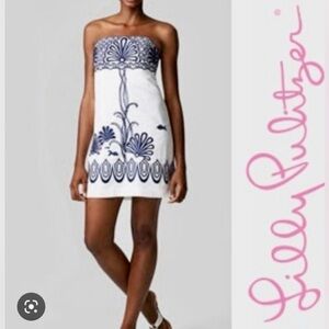 Lilly Pulitzer White Strapless Mini Dress with Navy Floral Embroidery